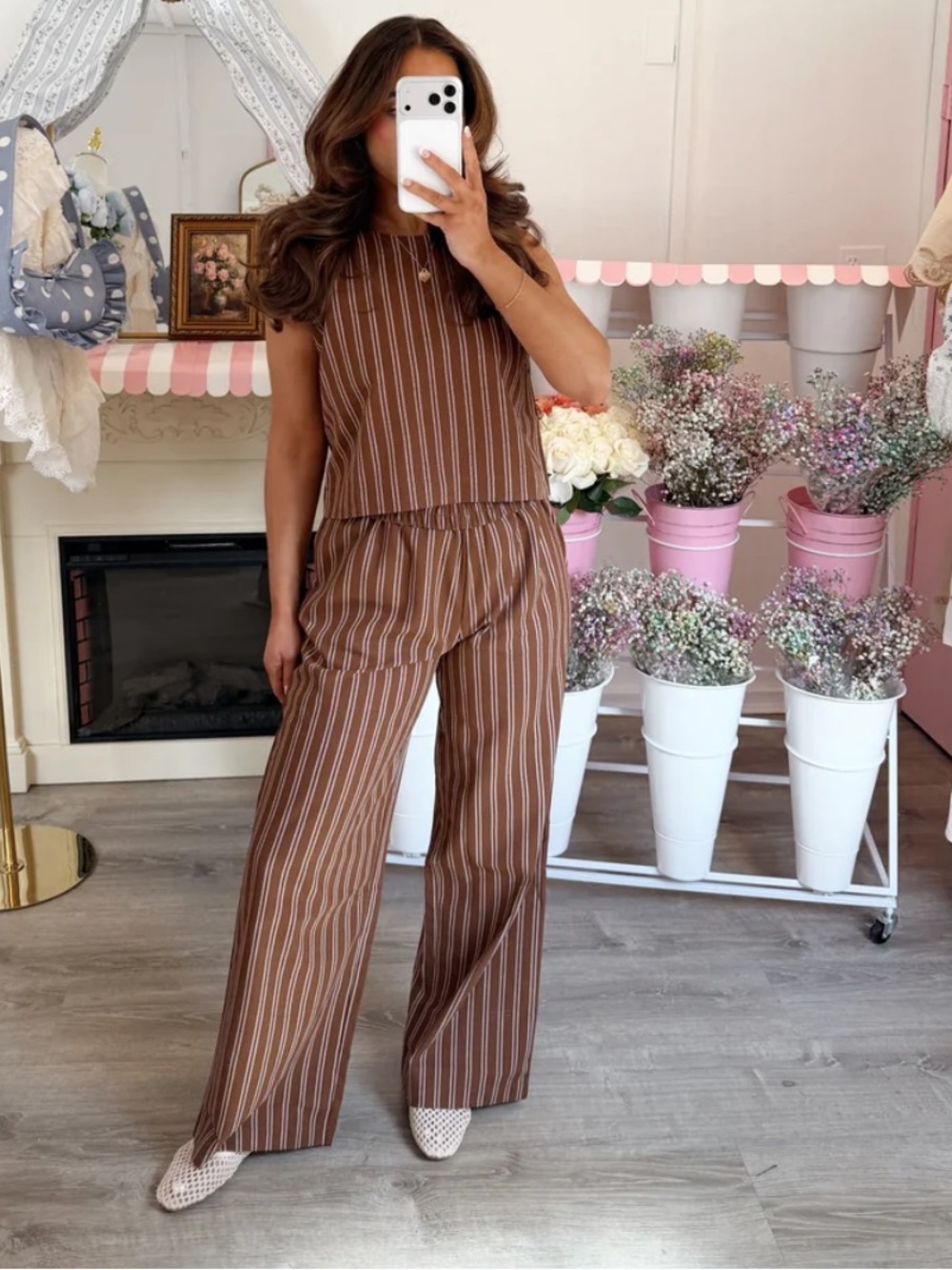 Women’s Brown Striped Wide-Leg Pants & Tank